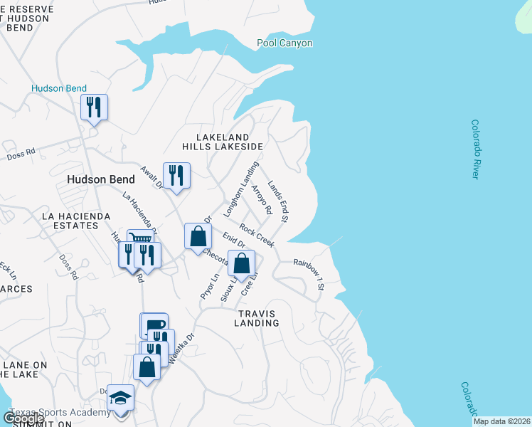 map of restaurants, bars, coffee shops, grocery stores, and more near 5600 Arroyo Road in Austin
