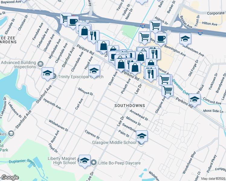 map of restaurants, bars, coffee shops, grocery stores, and more near 4259 Orchid Street in Baton Rouge