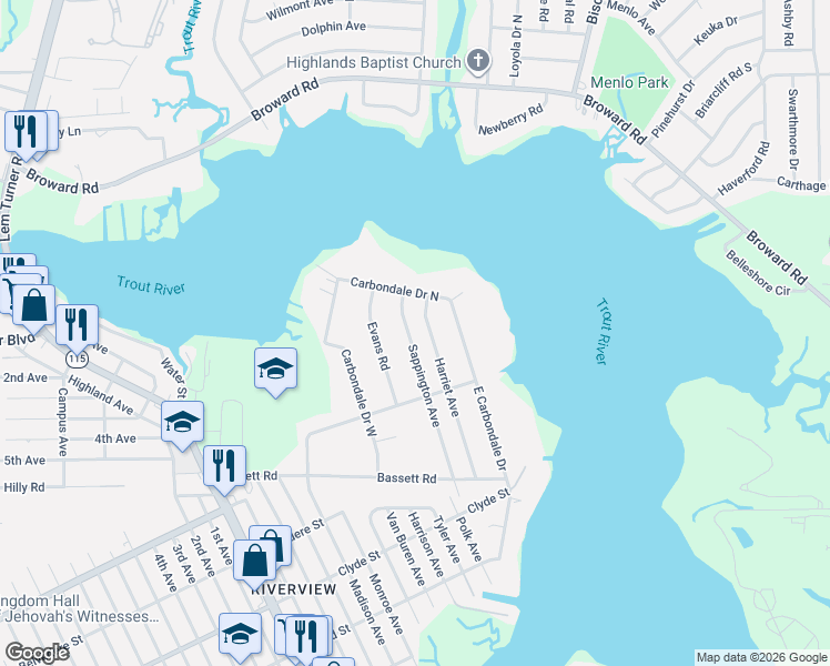 map of restaurants, bars, coffee shops, grocery stores, and more near 9727 Sappington Avenue in Jacksonville