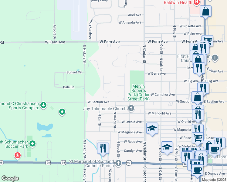 map of restaurants, bars, coffee shops, grocery stores, and more near 208 Lagrange Court in Foley