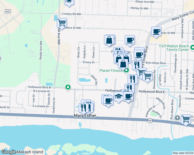 map of restaurants, bars, coffee shops, grocery stores, and more near 210 Elliott Road in Mary Esther