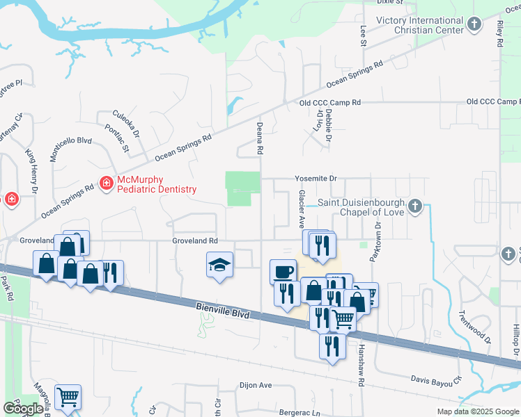 map of restaurants, bars, coffee shops, grocery stores, and more near 1315 Deana Drive in Ocean Springs