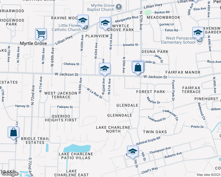 map of restaurants, bars, coffee shops, grocery stores, and more near 416 North 61st Avenue in Pensacola