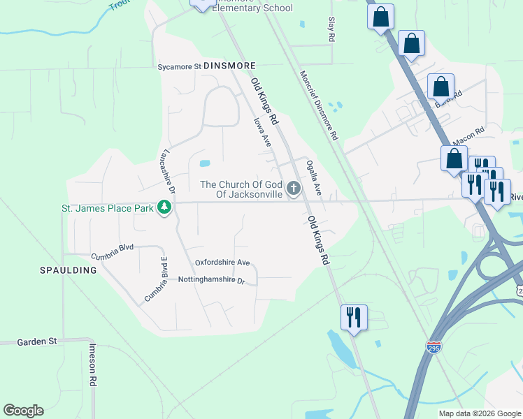 map of restaurants, bars, coffee shops, grocery stores, and more near 7010 Garden Street in Jacksonville