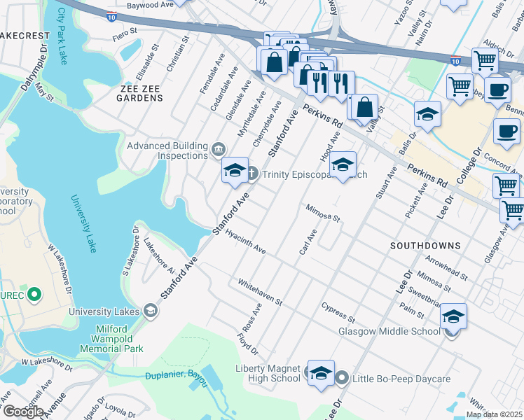 map of restaurants, bars, coffee shops, grocery stores, and more near 1761 Cloverdale Avenue in Baton Rouge