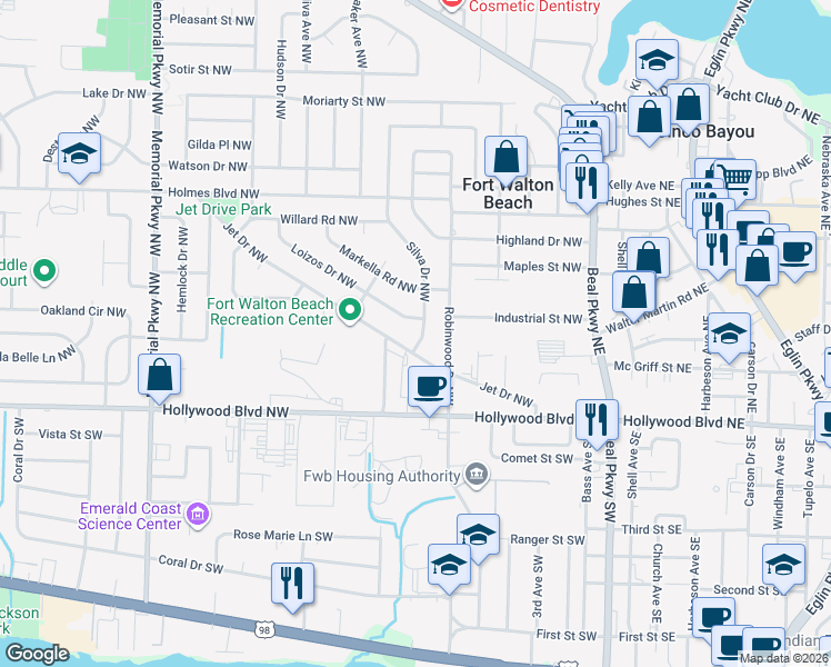 map of restaurants, bars, coffee shops, grocery stores, and more near 26 Silva Drive Northwest in Fort Walton Beach