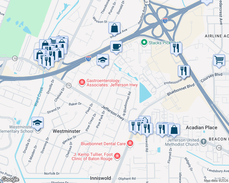 map of restaurants, bars, coffee shops, grocery stores, and more near 3762 Ridgetop Drive in Baton Rouge