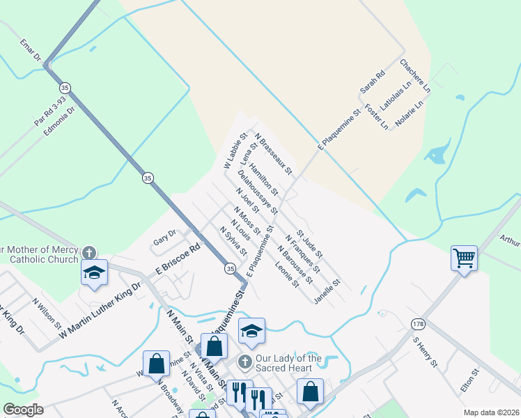 map of restaurants, bars, coffee shops, grocery stores, and more near 547 North Joel Street in Church Point