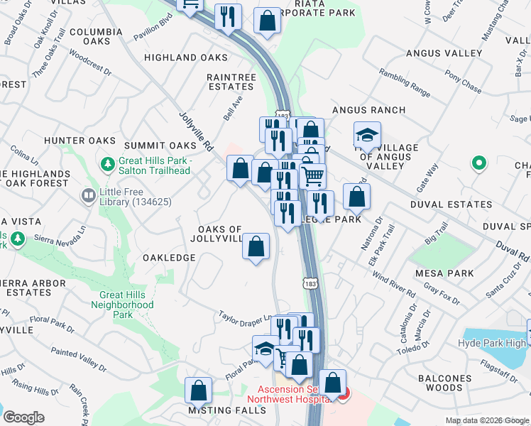 map of restaurants, bars, coffee shops, grocery stores, and more near 11586 Jollyville Road in Austin