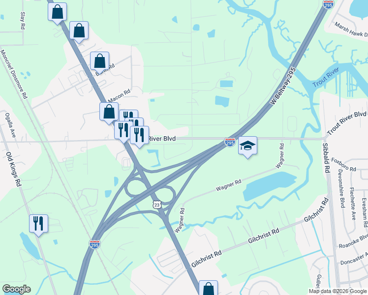 map of restaurants, bars, coffee shops, grocery stores, and more near 6200 Trout River Blvd in Jacksonville