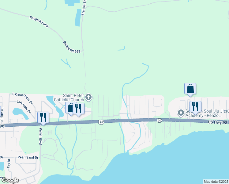 map of restaurants, bars, coffee shops, grocery stores, and more near 521 Friendship Road in Mary Esther