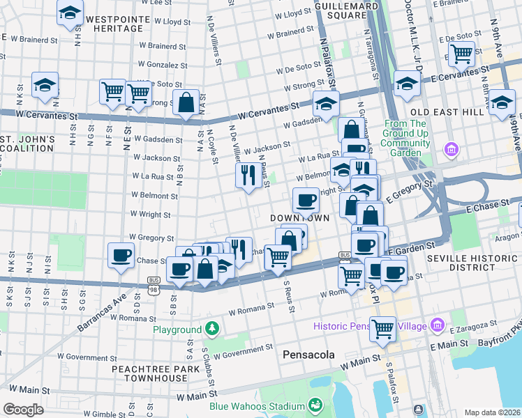 map of restaurants, bars, coffee shops, grocery stores, and more near 290 Junction Avenue in Pensacola