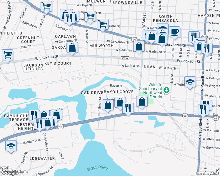 map of restaurants, bars, coffee shops, grocery stores, and more near 3375 Bayou Drive in Pensacola