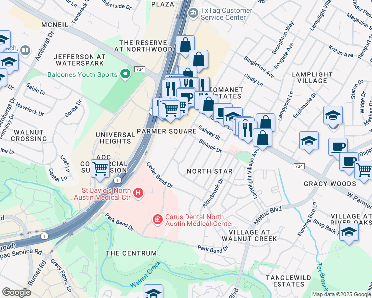 map of restaurants, bars, coffee shops, grocery stores, and more near 12329 Tomanet Trail in Austin