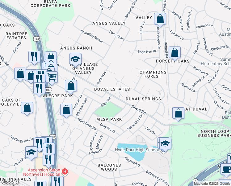 map of restaurants, bars, coffee shops, grocery stores, and more near 4808 Duval Road in Austin