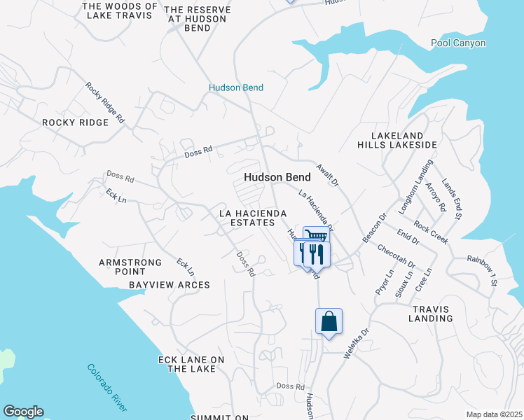 map of restaurants, bars, coffee shops, grocery stores, and more near 5220 Hudson Bend Road in Austin