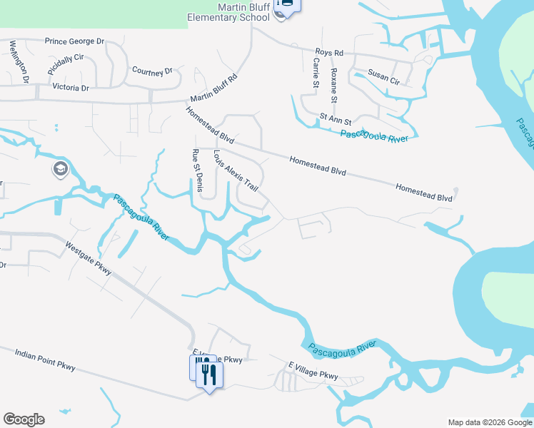 map of restaurants, bars, coffee shops, grocery stores, and more near 1201-1399 Louis Alexis Trail in Gautier