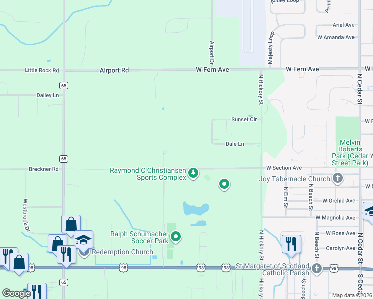 map of restaurants, bars, coffee shops, grocery stores, and more near 111 Airport Drive in Foley