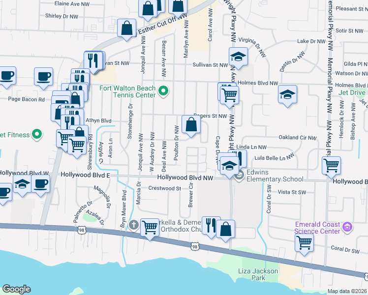 map of restaurants, bars, coffee shops, grocery stores, and more near 12 Viking Drive Northwest in Fort Walton Beach