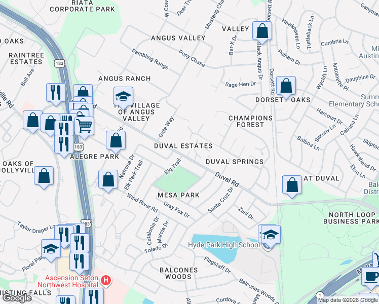 map of restaurants, bars, coffee shops, grocery stores, and more near 4808 Duval Road in Austin