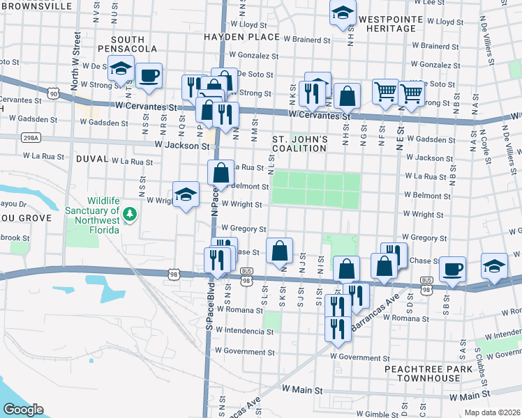 map of restaurants, bars, coffee shops, grocery stores, and more near 1807 West Wright Street in Pensacola