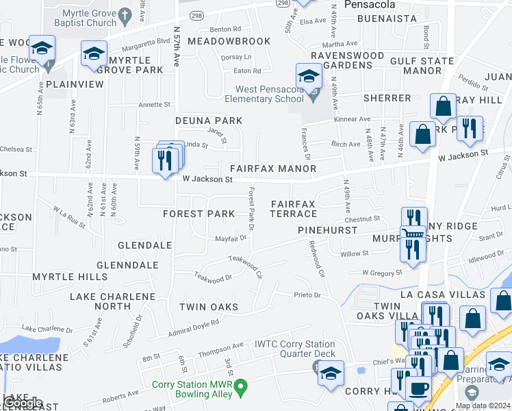 map of restaurants, bars, coffee shops, grocery stores, and more near 506 Forest Park Drive in Pensacola