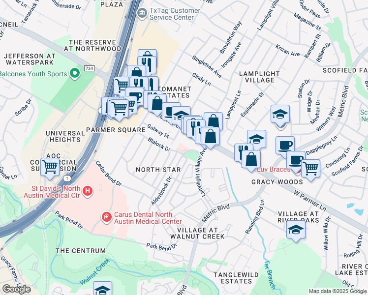 map of restaurants, bars, coffee shops, grocery stores, and more near 12414 Alderbrook Drive in Austin