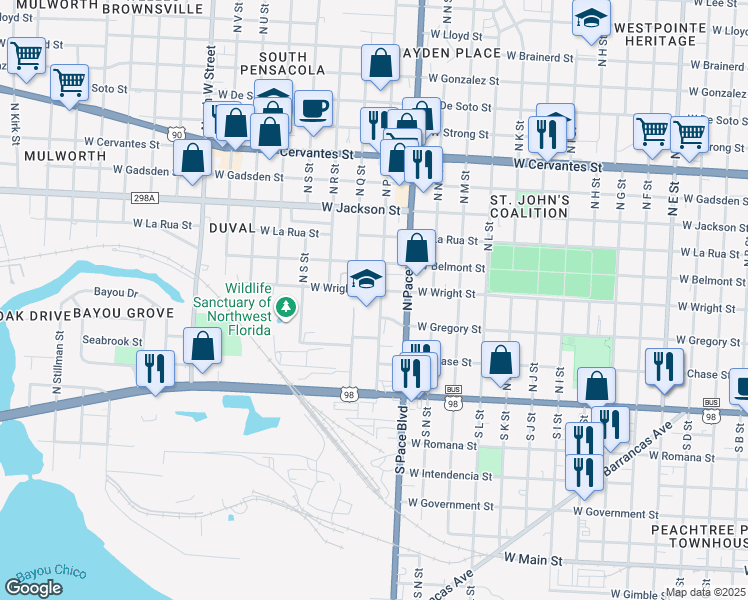 map of restaurants, bars, coffee shops, grocery stores, and more near 215 North P Street in Pensacola