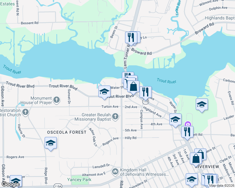 map of restaurants, bars, coffee shops, grocery stores, and more near 3021 Trout River Boulevard in Jacksonville