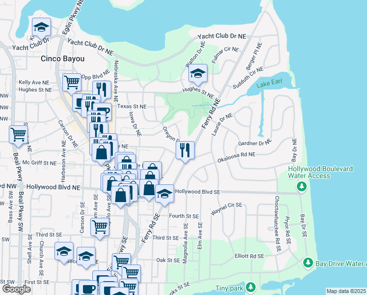 map of restaurants, bars, coffee shops, grocery stores, and more near 22 Oregon Drive Northeast in Fort Walton Beach