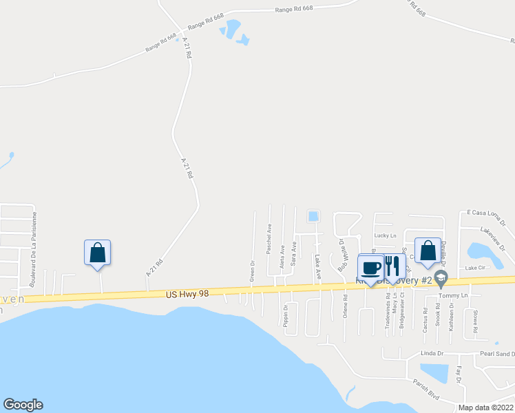 map of restaurants, bars, coffee shops, grocery stores, and more near 201 Green Drive in Mary Esther