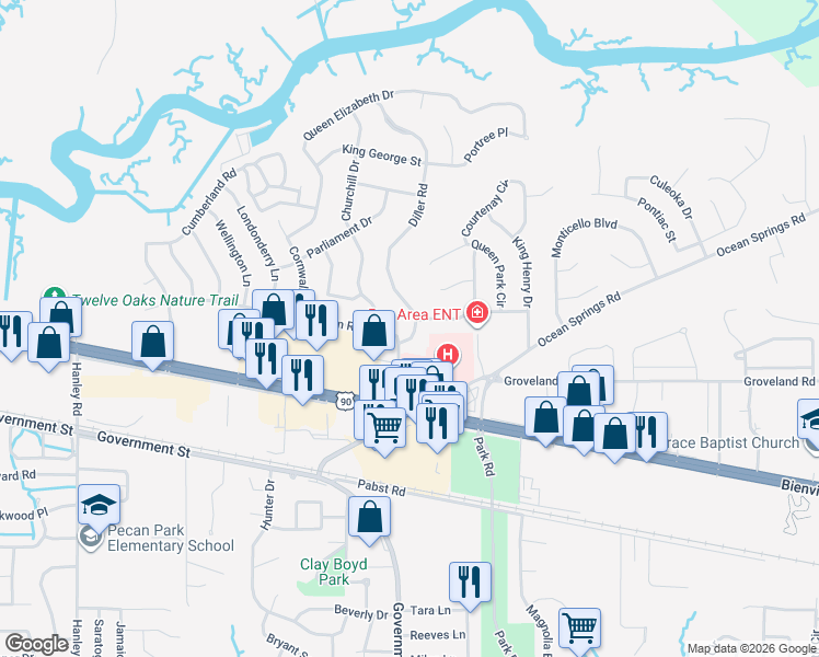 map of restaurants, bars, coffee shops, grocery stores, and more near 3303 Nottingham Road in Ocean Springs