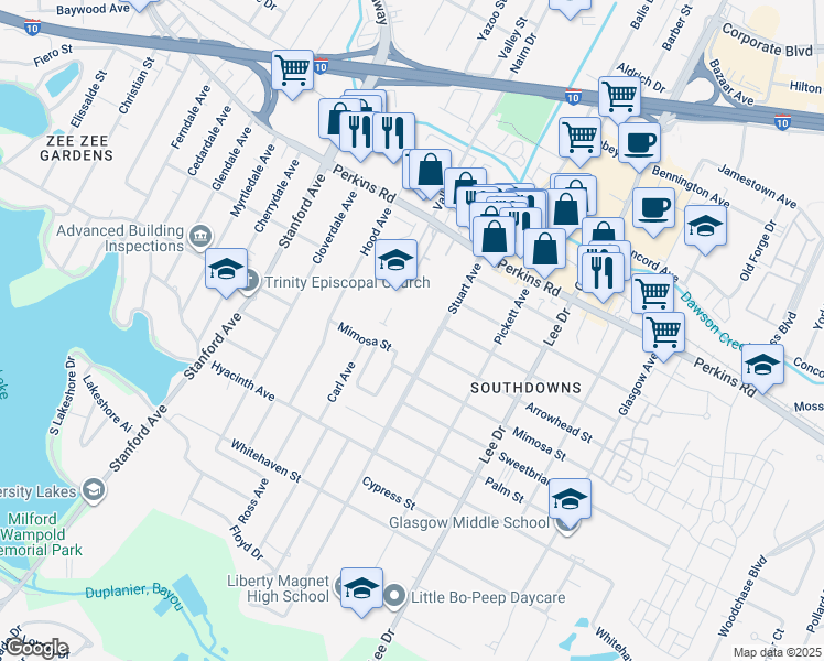 map of restaurants, bars, coffee shops, grocery stores, and more near 2025 Stuart Avenue in Baton Rouge