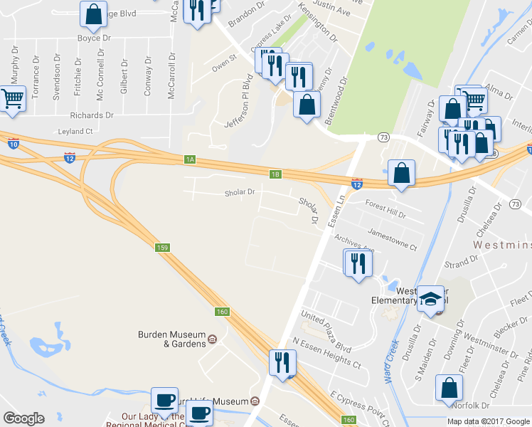 map of restaurants, bars, coffee shops, grocery stores, and more near 8130 Rainbow Drive in Baton Rouge