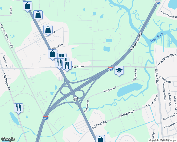 map of restaurants, bars, coffee shops, grocery stores, and more near 6200 Trout River Blvd in Jacksonville