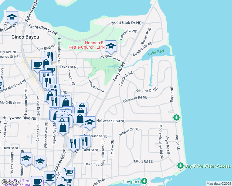 map of restaurants, bars, coffee shops, grocery stores, and more near 26 Laurie Drive Northeast in Fort Walton Beach