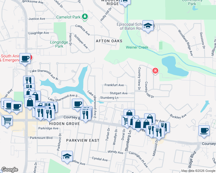 map of restaurants, bars, coffee shops, grocery stores, and more near 12558 Frankfurt Ave in Baton Rouge
