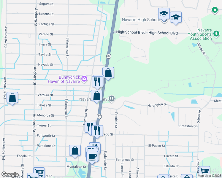 map of restaurants, bars, coffee shops, grocery stores, and more near 2264 Florida 87 in Navarre