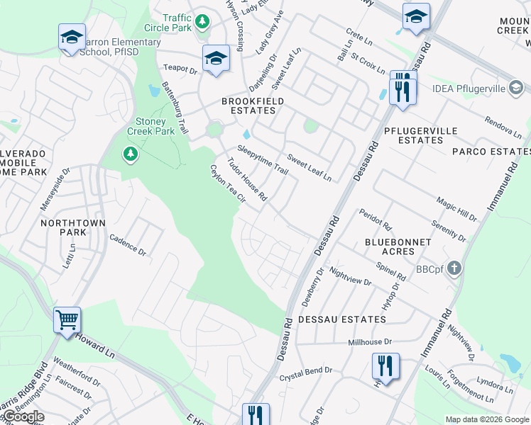 map of restaurants, bars, coffee shops, grocery stores, and more near 14205 Sumatra Ln in Pflugerville