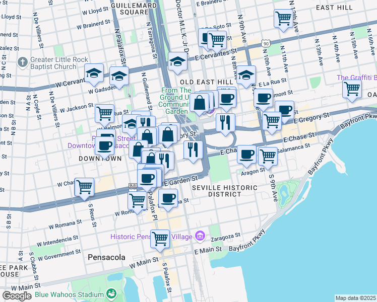 map of restaurants, bars, coffee shops, grocery stores, and more near in Pensacola