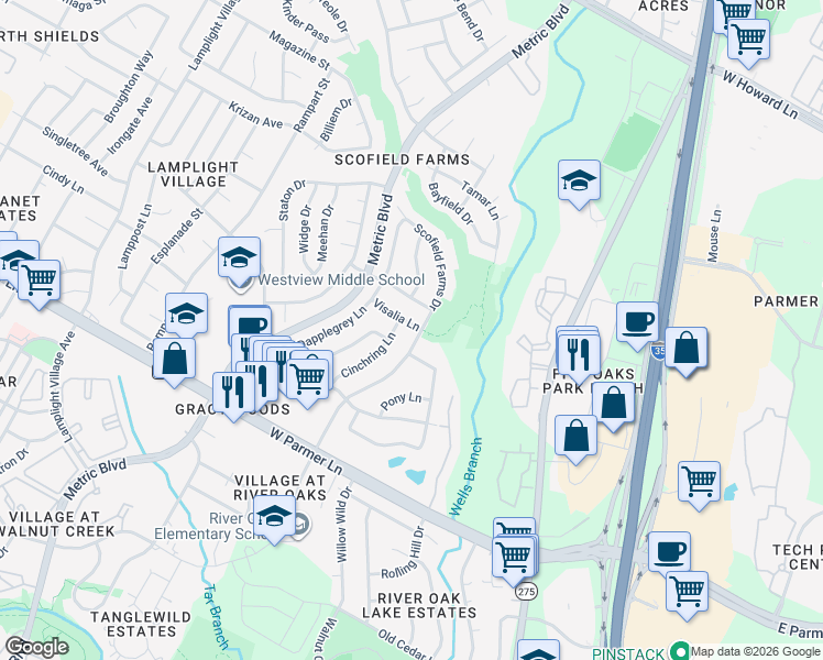 map of restaurants, bars, coffee shops, grocery stores, and more near 1505 Visalia Lane in Austin