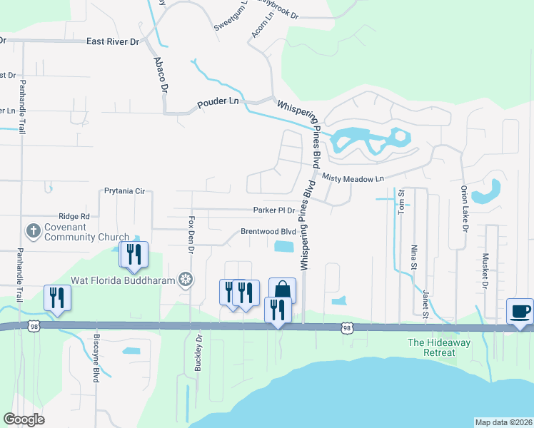 map of restaurants, bars, coffee shops, grocery stores, and more near 9531 Parker Place Drive in Navarre