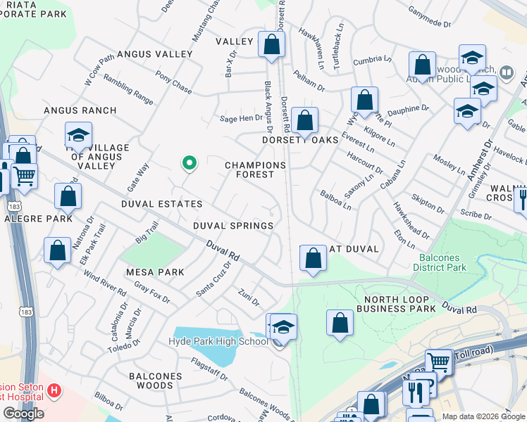 map of restaurants, bars, coffee shops, grocery stores, and more near 4501 Whispering Valley Drive in Austin