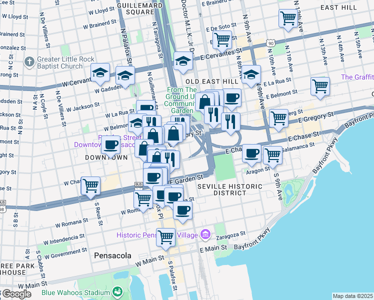 map of restaurants, bars, coffee shops, grocery stores, and more near 116 North Tarragona Street in Pensacola