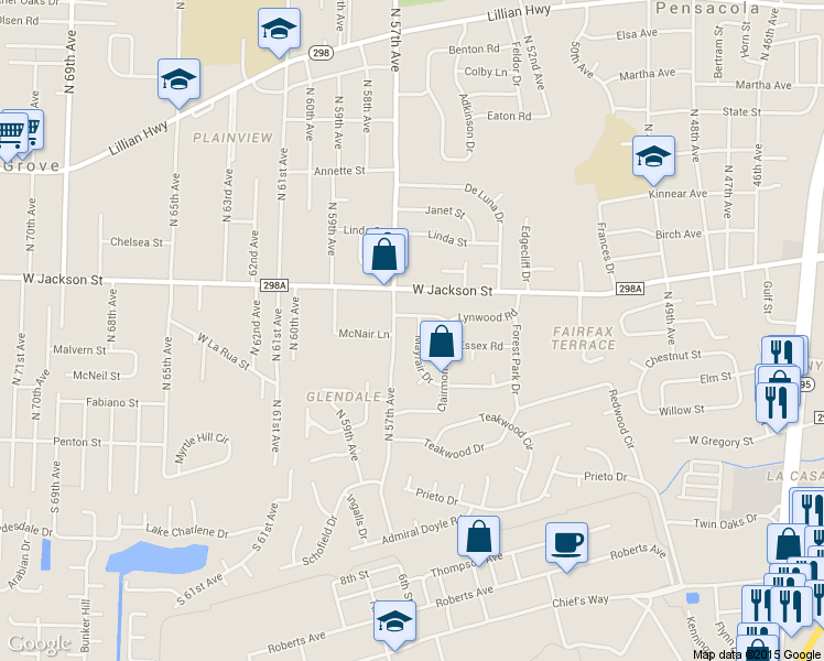map of restaurants, bars, coffee shops, grocery stores, and more near 5557 Mayfair Drive in Pensacola