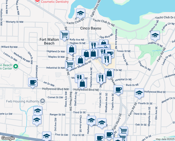 map of restaurants, bars, coffee shops, grocery stores, and more near 27A Bobolink Street Northeast in Fort Walton Beach