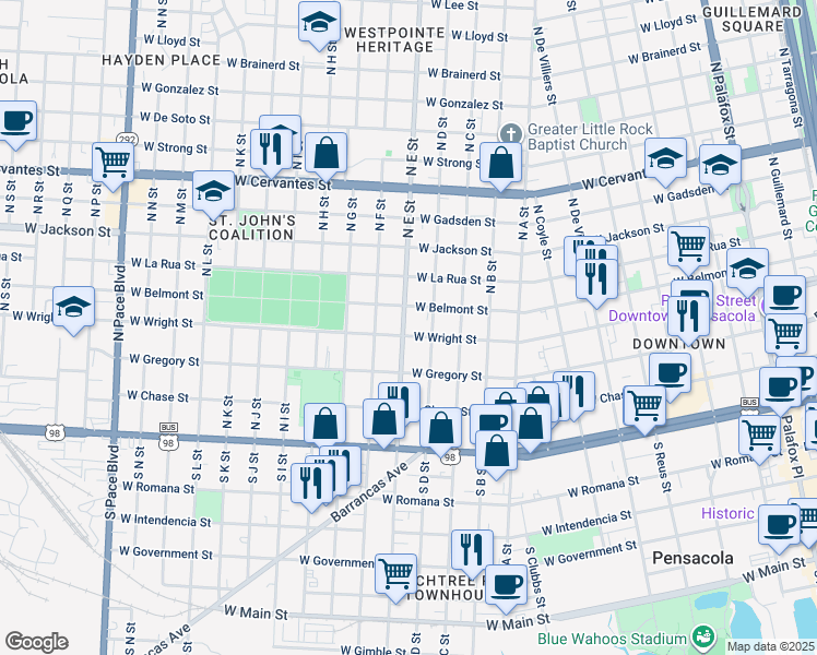 map of restaurants, bars, coffee shops, grocery stores, and more near 307 North D Street in Pensacola