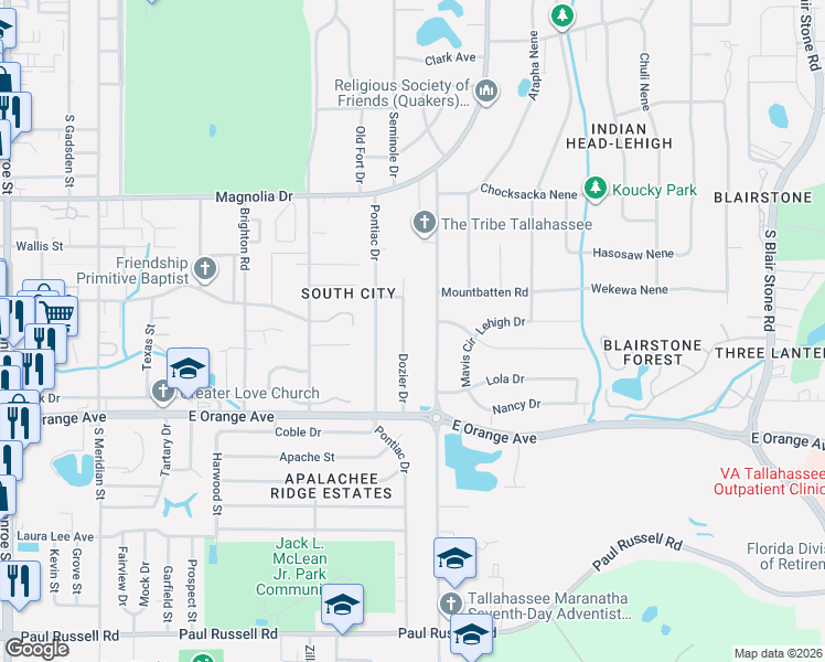 map of restaurants, bars, coffee shops, grocery stores, and more near 2312 Dozier Drive in Tallahassee