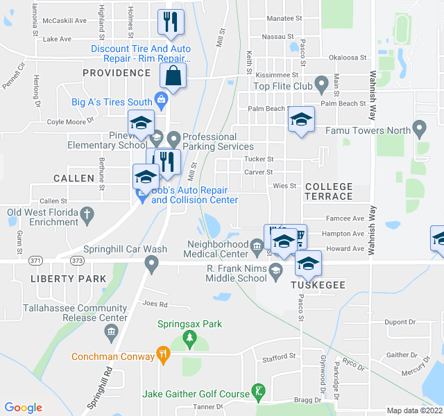 map of restaurants, bars, coffee shops, grocery stores, and more near 2502 Holton Street in Tallahassee