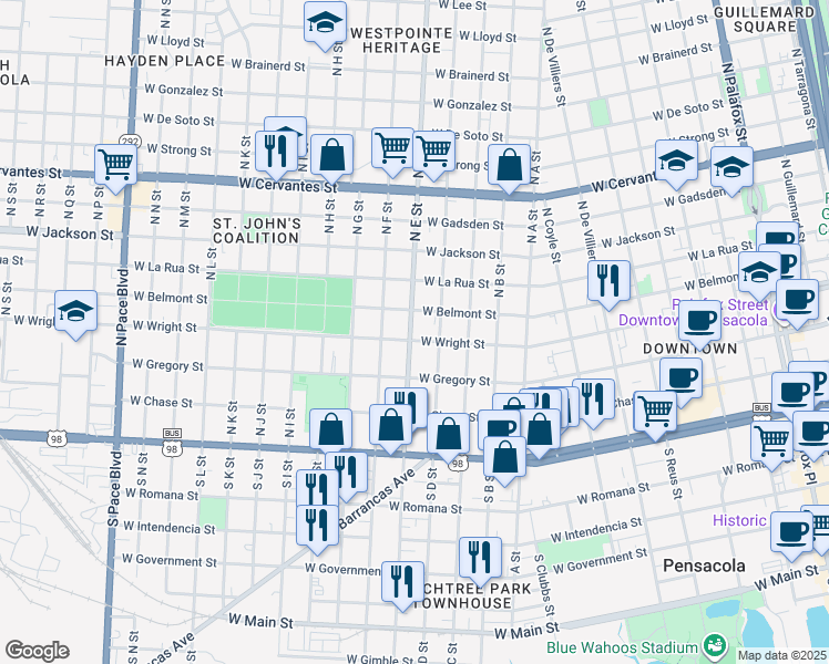 map of restaurants, bars, coffee shops, grocery stores, and more near 307 North D Street in Pensacola